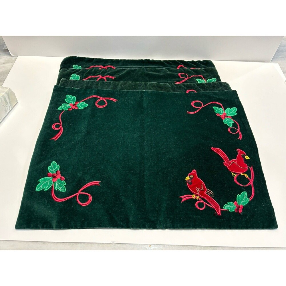 Christmas Placemats Quilted Embroidered Velvet Cardinal Holly Set of 4 13x17